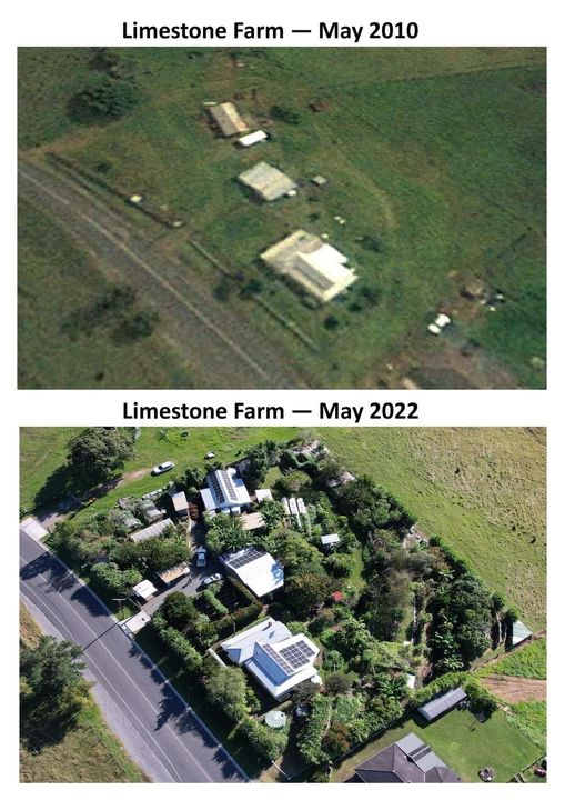 This meme is a comparison of two aerial images of a farm, one taken in 2010 and the other in 2022. The top image shows a small, empty farm with a few buildings, while the bottom image shows a much larger and more developed farm with many more buildings and a large number of cars. The text above the images reads "Limestone Farm - May 2010" and "Limestone Farm - May 2022".